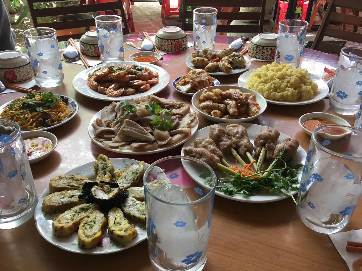 A table of local seafood dishes in Tuy Hoa