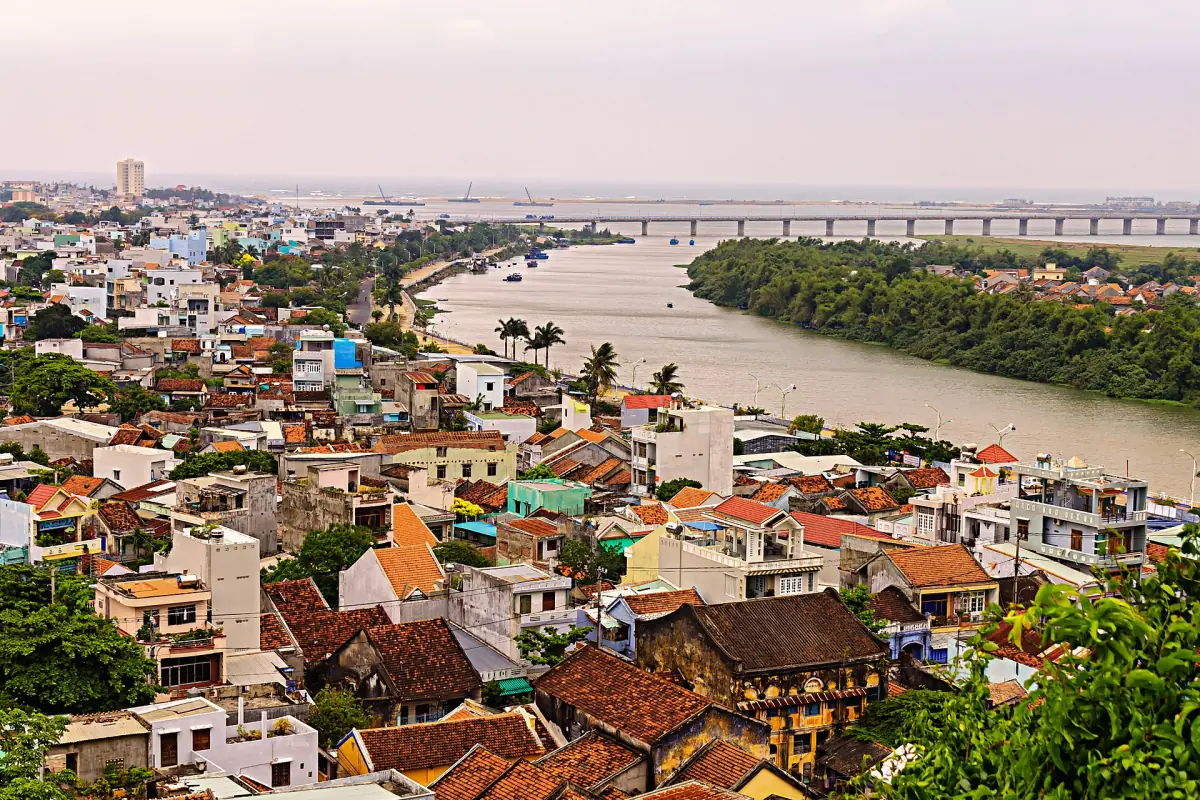 Rooftops of Tuy Hoa and the river with a long bridge